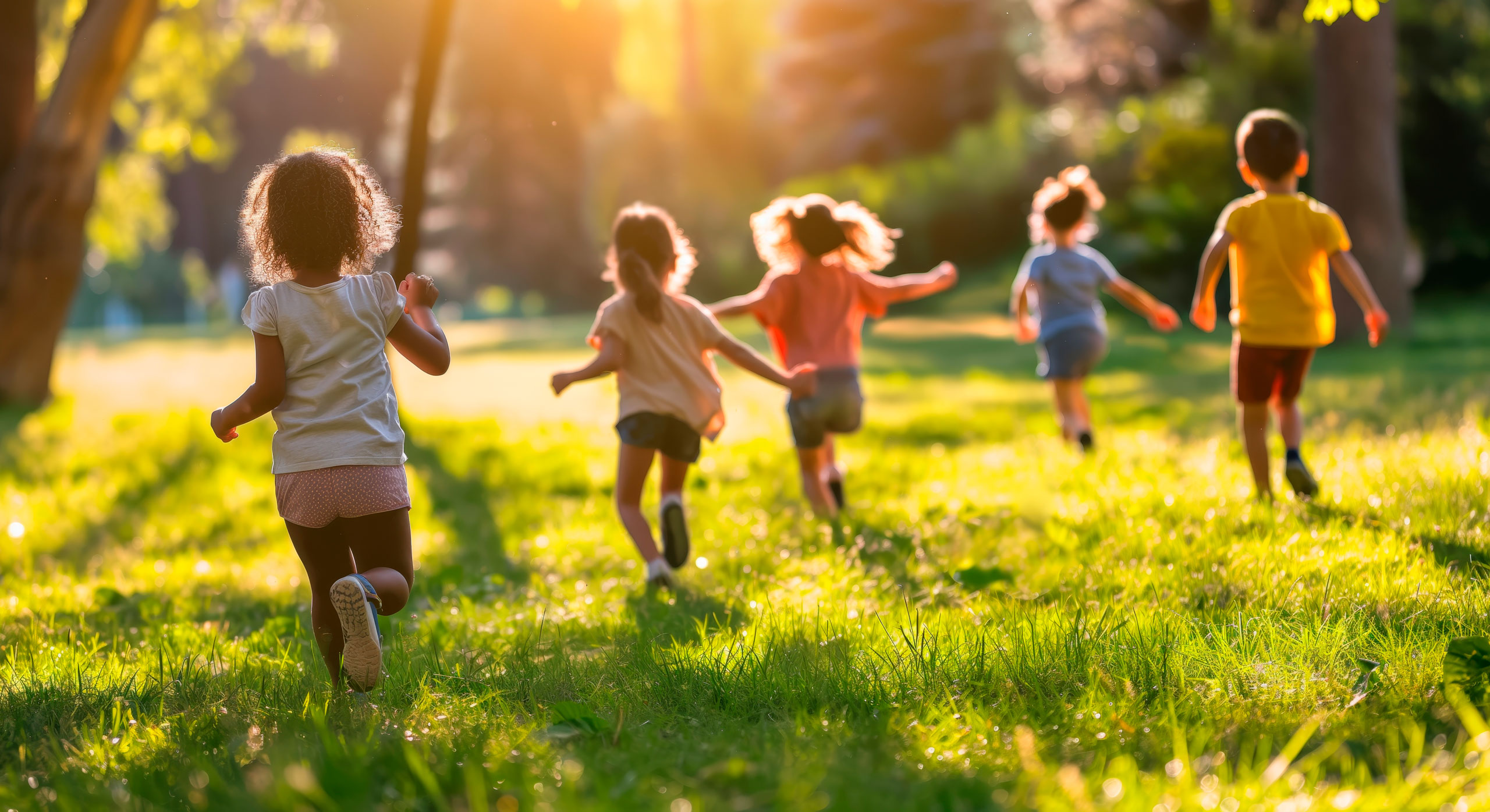5 Kinder laufen durch einen Park
